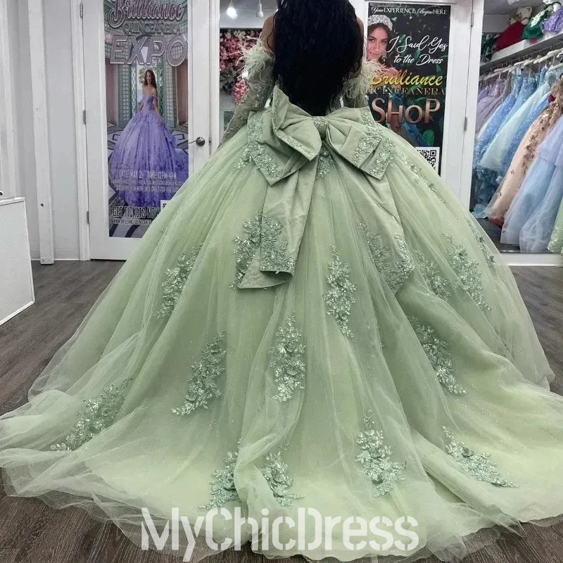 Sweet 16 Puffy Sage Green Quinceanera Dresses Lace with Feather Sleeves Mychicdress