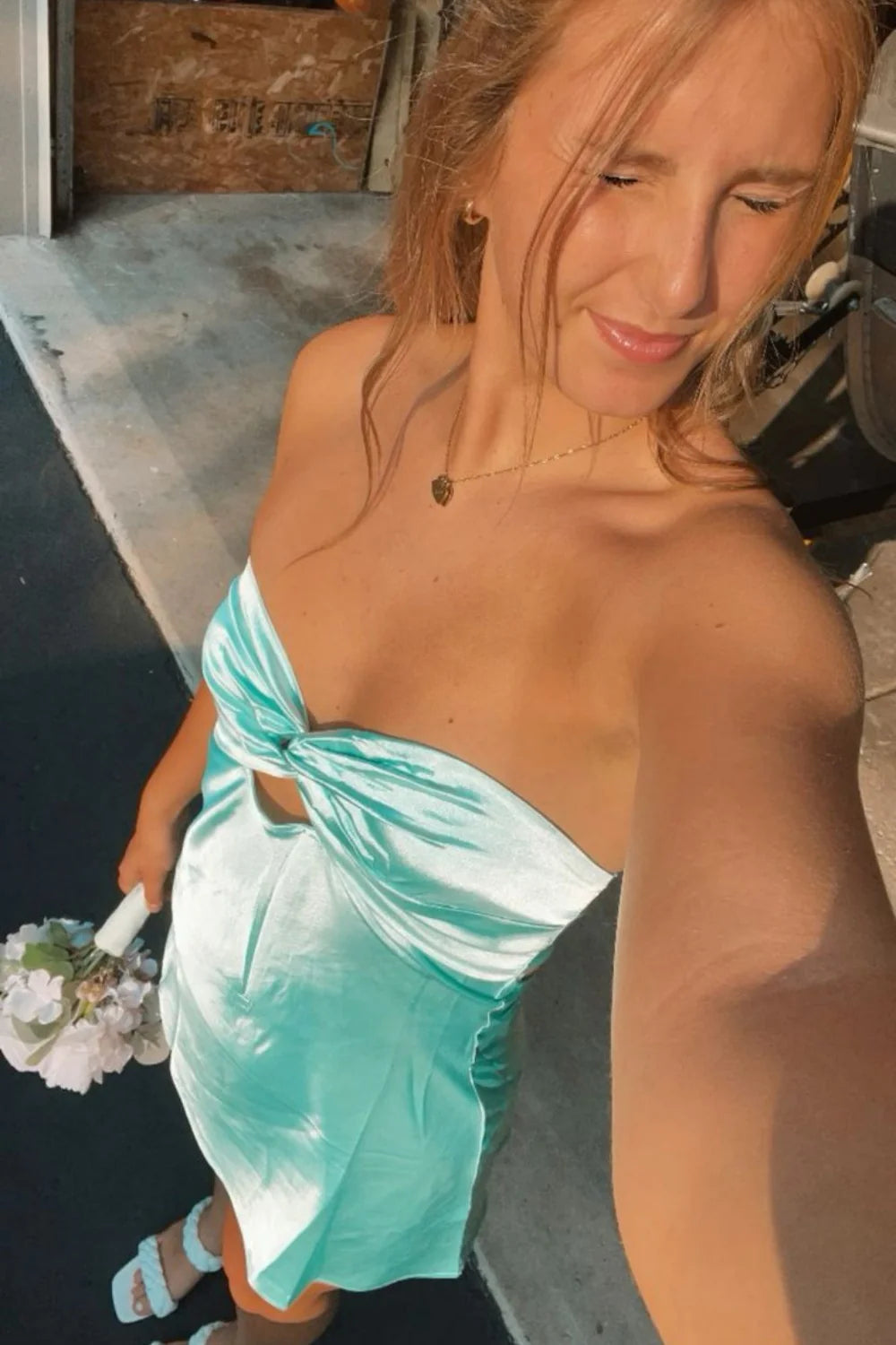Sweetheart Aqua Silk Satin Cheap Homecoming Dress Open Back Mychicdress