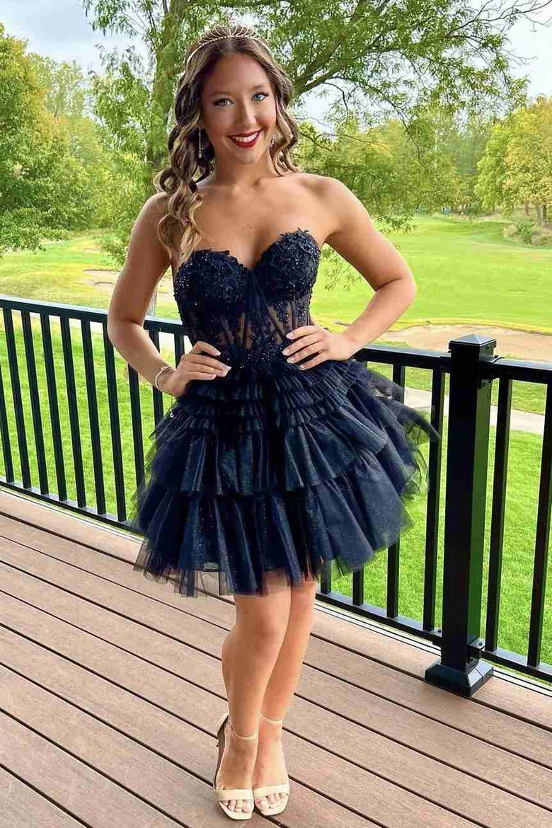 Sweetheart navy blue Lace Bodice Homecoming Dress with Ruffles
