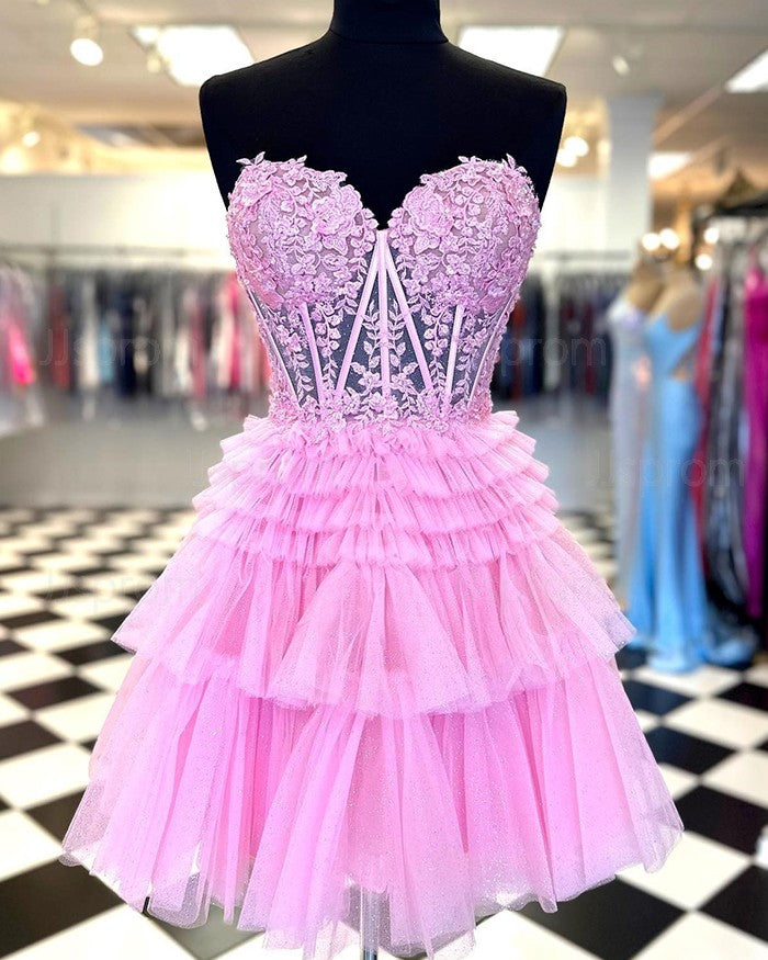 Sweetheart Pink Lace Bodice Homecoming Dress with Ruffles Mychicdress