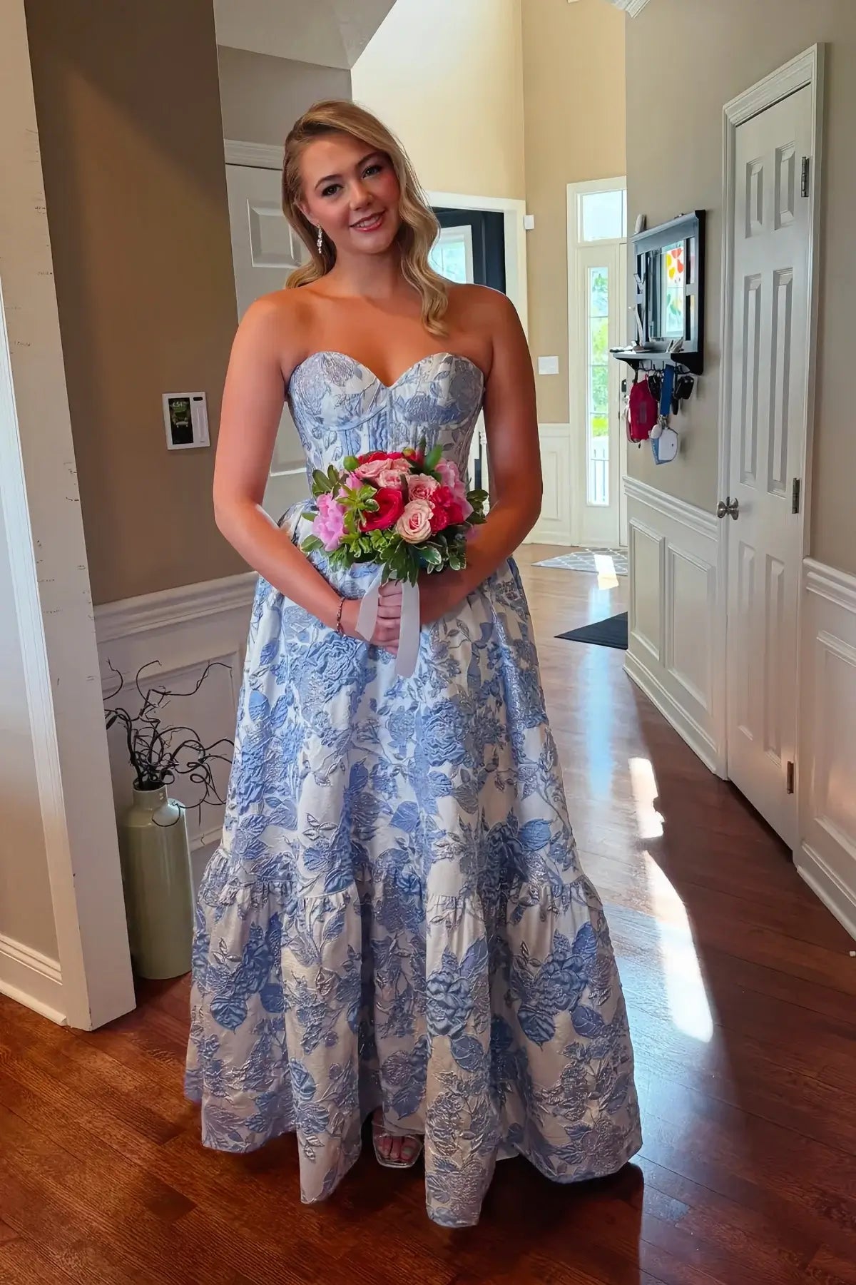 blue floral dress Sweetheart Print Evening Gown Prom Dress A-line