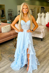 Sweetheart 2025 Ruffle Lace Prom Dress Light Blue Chiffon Appliques