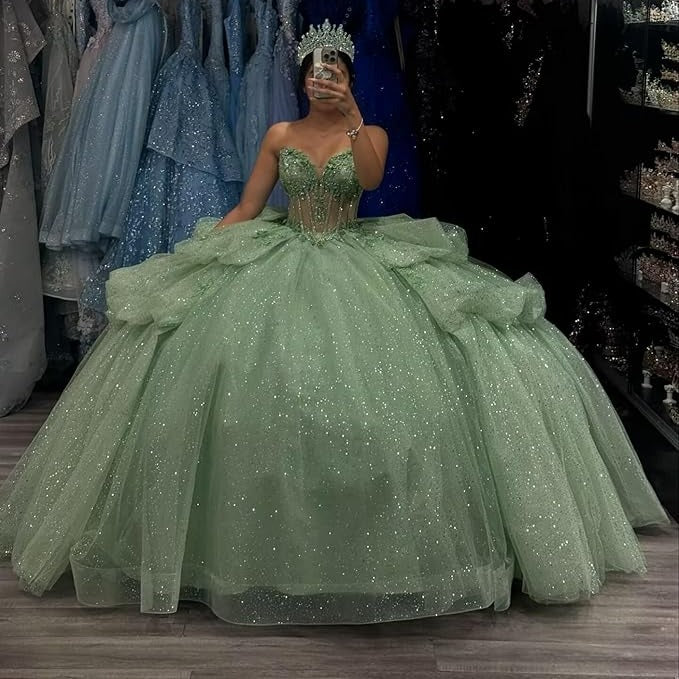 Tiered Corset Sage Green Quinceanera Dresses Off Shoulder Lace-Up Mychicdress