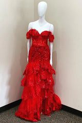 Tiered 2025 Prom Dress Dark Red Sequin-Embroidery Evening Gown Long