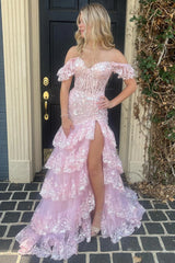 Tiered Prom Dress pink Sequin-Embroidery Evening Gown Long Mychicdress