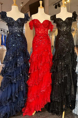 Tiered 2025 Prom Dress Dark Red Sequin-Embroidery Evening Gown Long