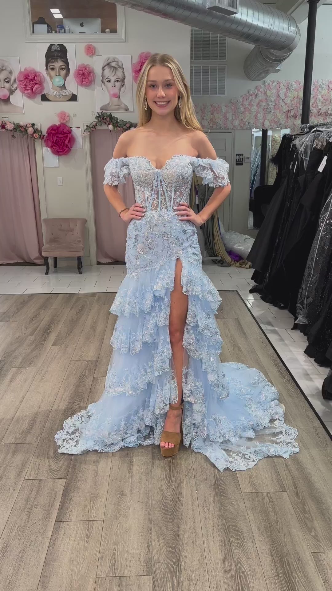 Long Red Lace Sequins Tiered Prom Dress Off the Shoulder