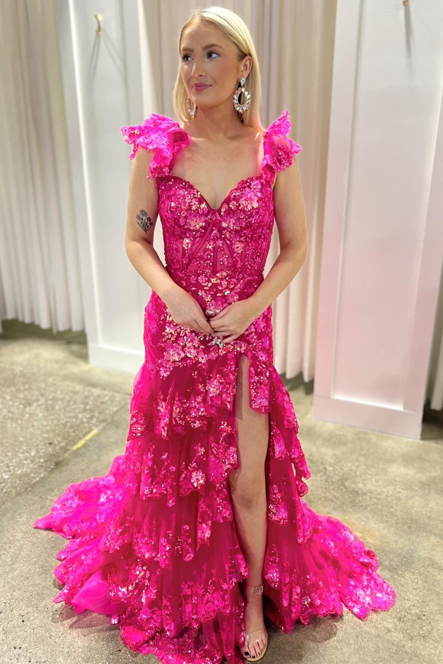 A Line Hot pink Prom Dresses Tiered Sequins Off the shoulder