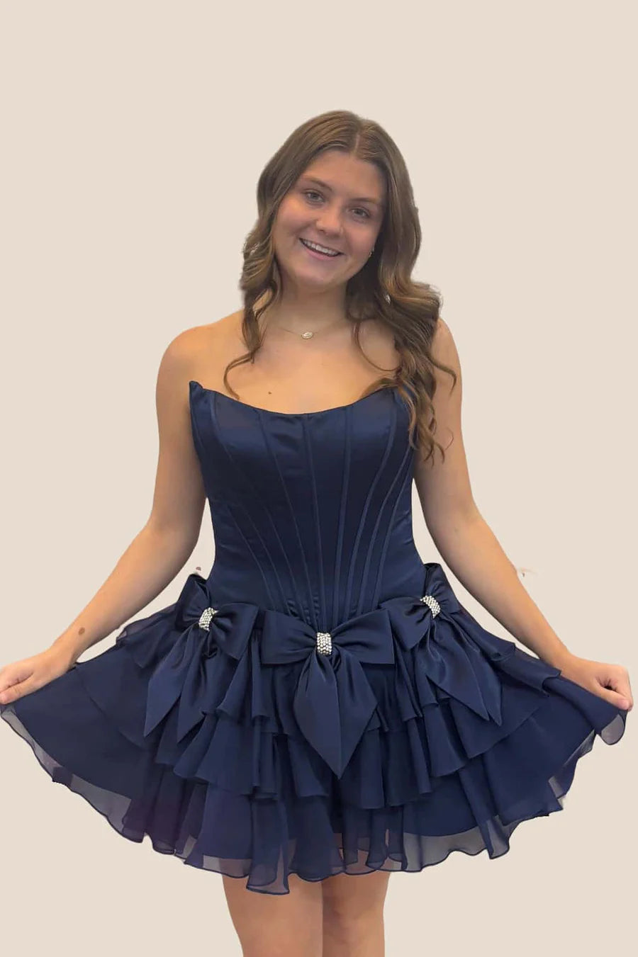 Tiered navy Blue Short Ruffle Homecoming Dress Strapless with Bow