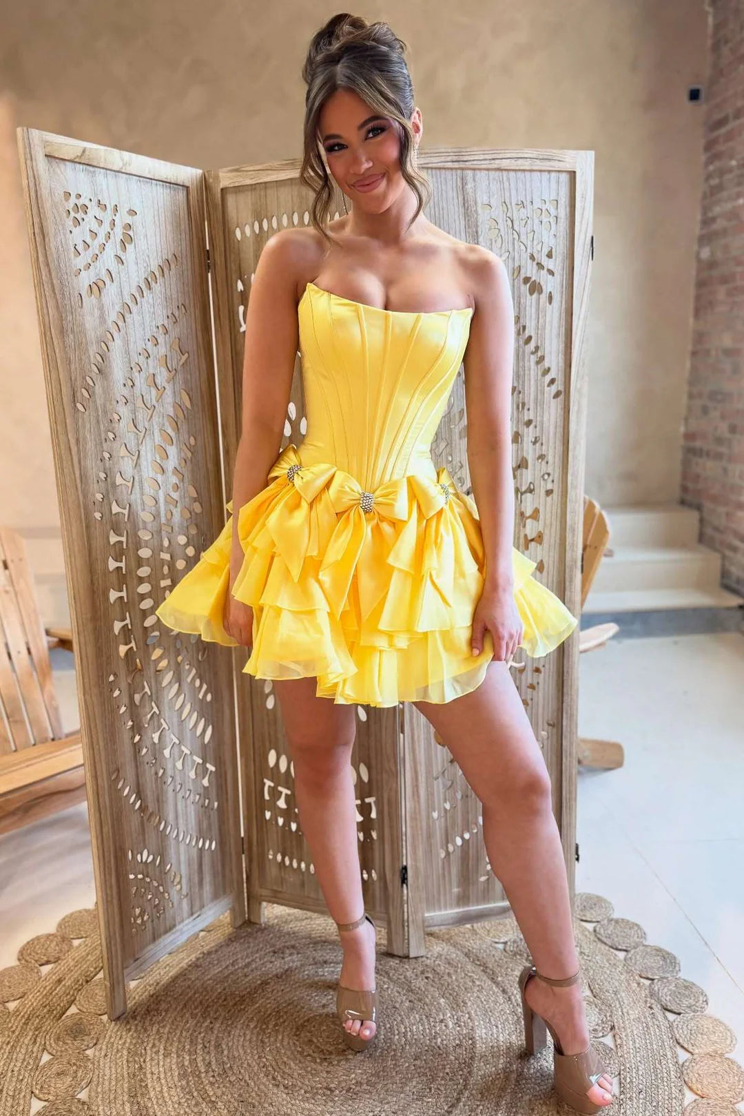 Tiered yellow Short Ruffle Homecoming Dress Strapless with Bow