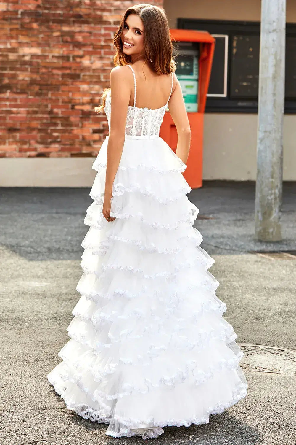A-Line White Corset Tiered Prom Dress With Sequin Ruffle Skirt