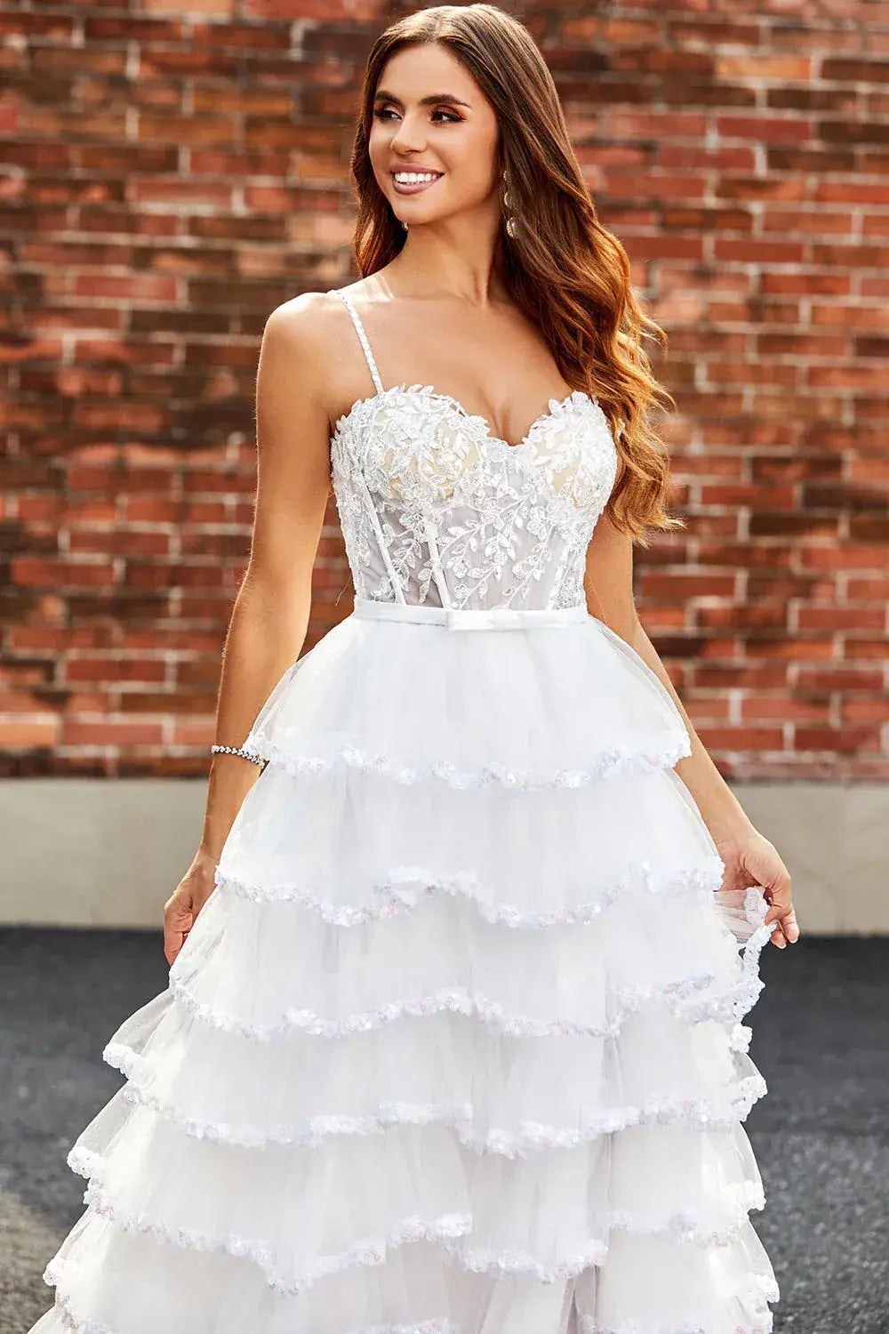 A-Line White Corset Tiered Prom Dress With Sequin Ruffle Skirt