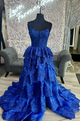 Vestido de baile longo azul royal em camadas com alças de lantejoulas em linha A