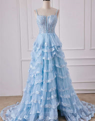 A Line Ruffles Layered Blue Prom Dresses Long Sequined Straps