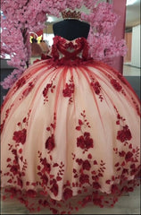 Top Quality Quinceanera Dress Red off the shoulder with 3D Flowers Mychicdress
