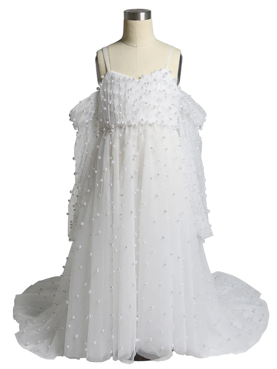 Tulle Pearls Flower Girl Dresses Kids Party Dress for Wedding PhotoShoot
