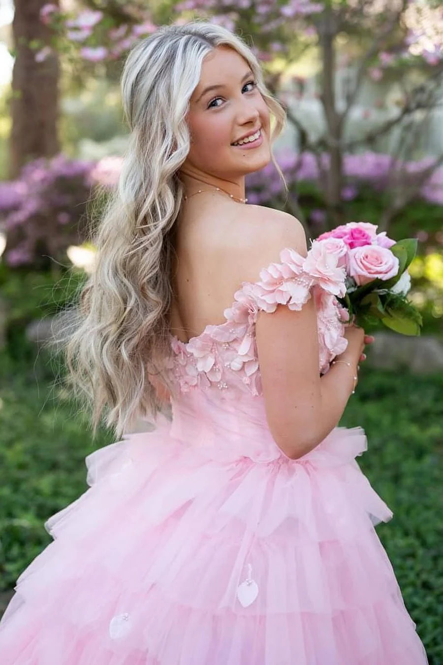 pink off-shoulder gown with floral details Tulle Ruffle Prom Dress Tiered with Beaded