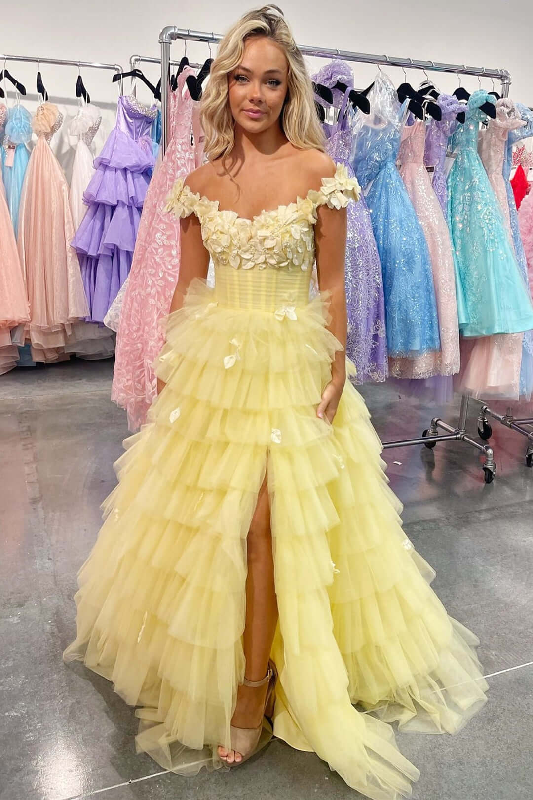 yellow evening gown with floral details Tulle Ruffle Prom Dress Tiered with Beaded