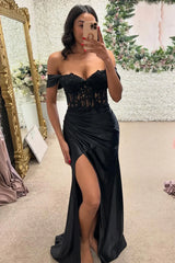 UK Off The Shoulder Corset Prom Dress Black Pleated Tight