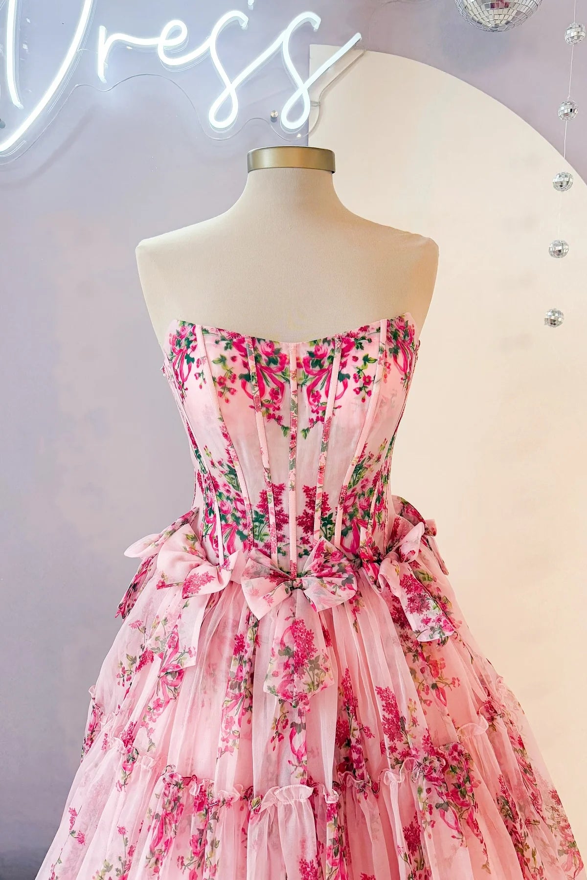 Uk Strapless Pink Ruffle Prom Dresses Floral Printed with Bow