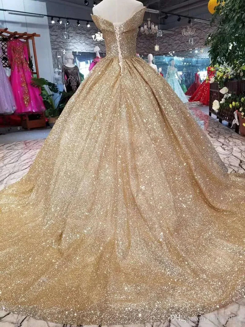 Unique Ball Gown Gold Sequins Quinceanera Dresses Off Shoulder Back