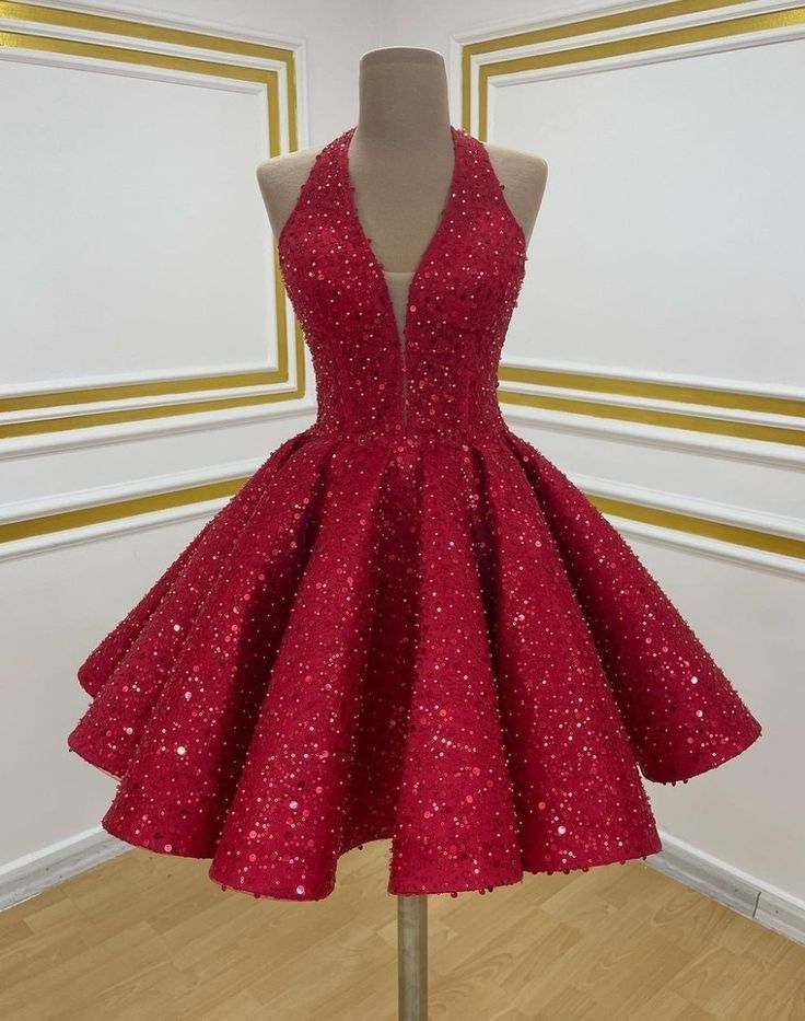 Unique Dark Red A Line Sequin Hoco Dress Halter Sweet 16 Dresses