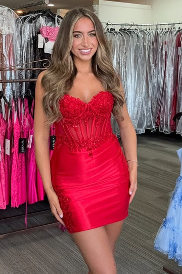 Unique Red Homecoming Dress Fitted Sleeveless Satin With Lace