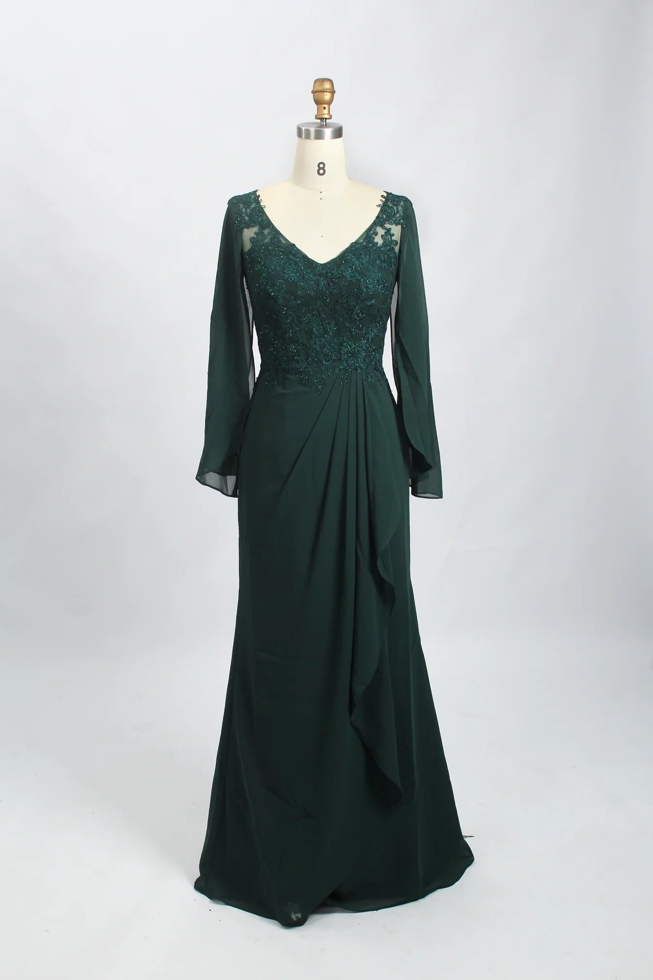 V Neck Long Sleeves Lace Chiffon Dark Green Mother of the Bride Dress Mychicdress
