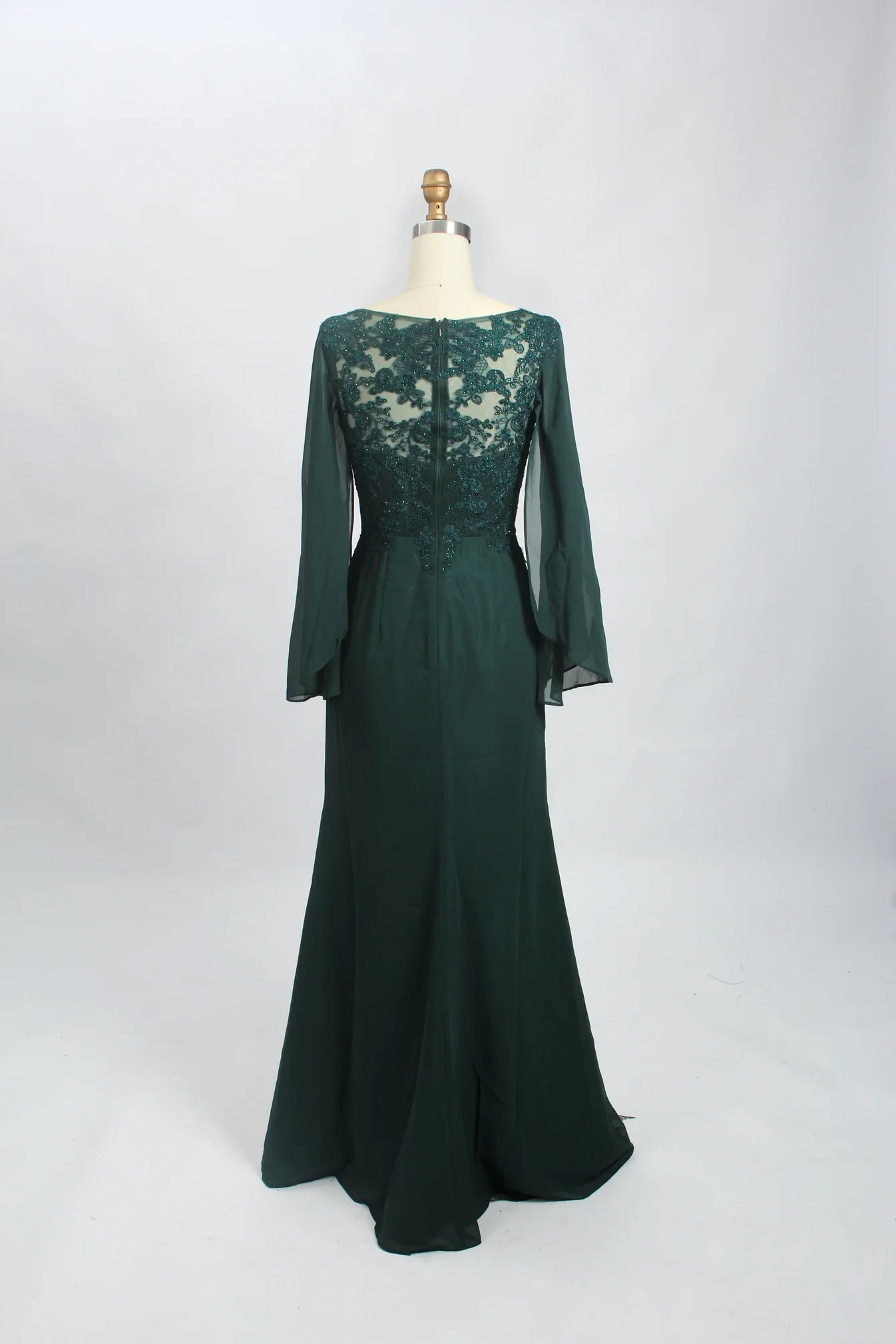 V Neck Long Sleeves Lace Chiffon Dark Green Mother of the Bride Dress Mychicdress