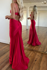 V-Neck 2025 Red Prom Dress Satin Sexy Evening Gown Spaghetti Straps