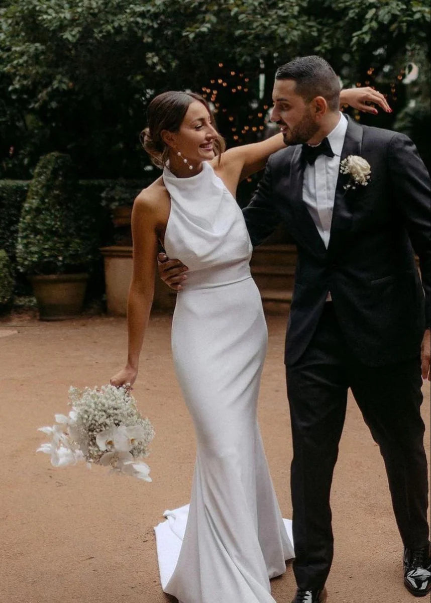 White Satin Casual Beach Wedding Dresses Halter Mermaid Mychicdress