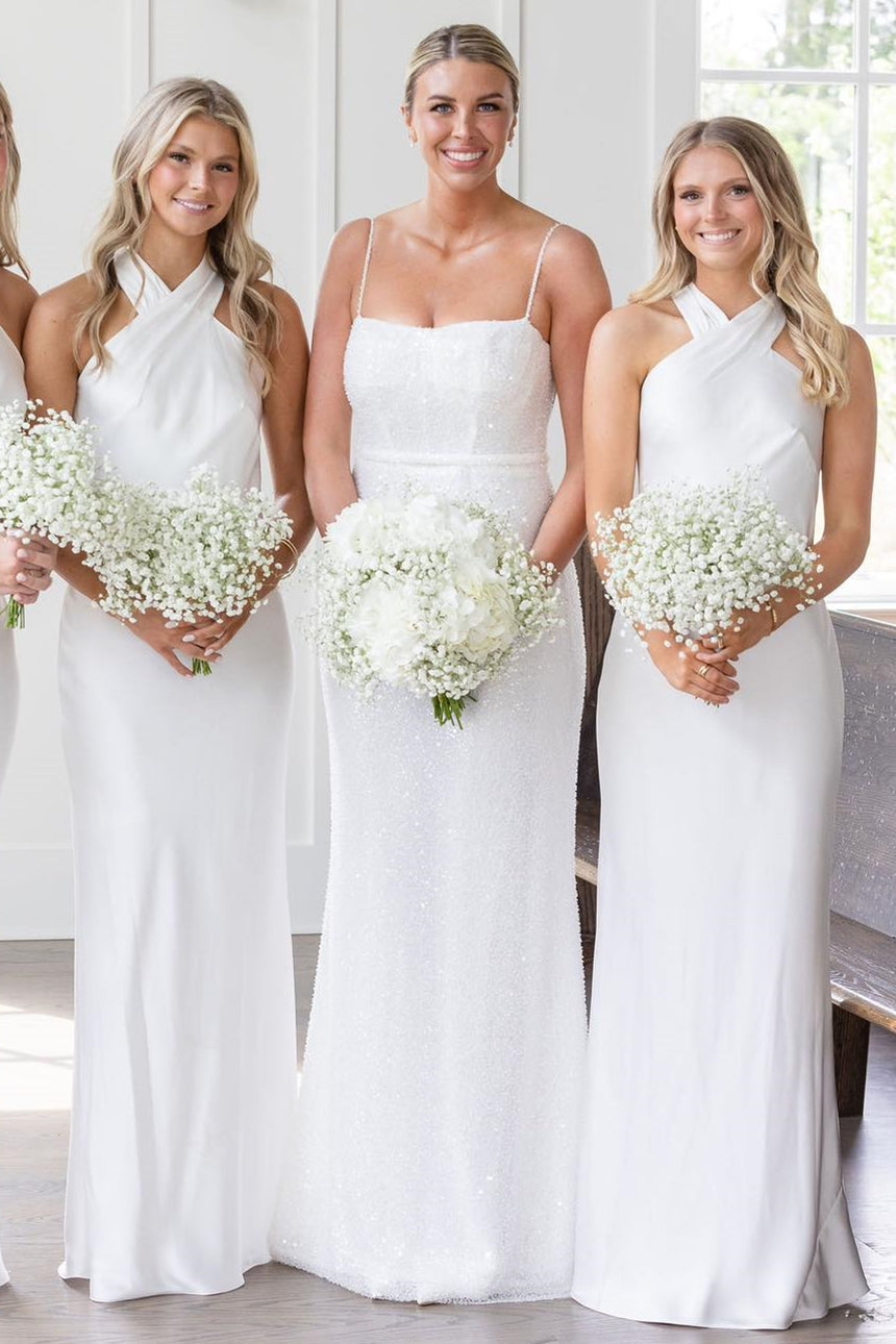  Floor length Bridesmaid Dress white Boho Halter Cutout Back