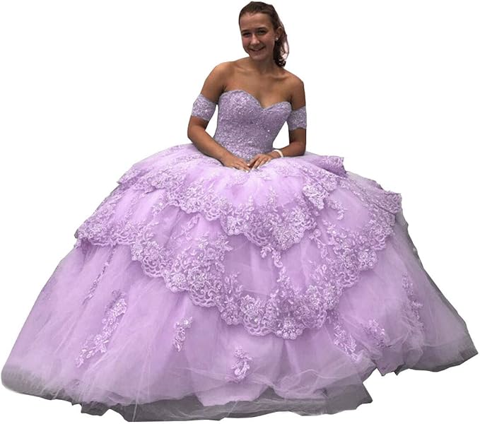 Women's Quinceanera Dress lilac Lace Applique with Detachable Sleeves Mychicdress