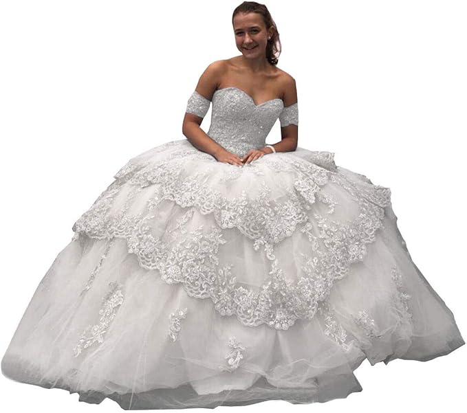 Women's Quinceanera Dress White Lace Applique with Detachable Sleeves Mychicdress