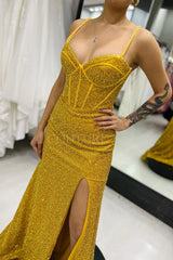 Yellow Formal Dress Sequin Mermaid Long with Slit