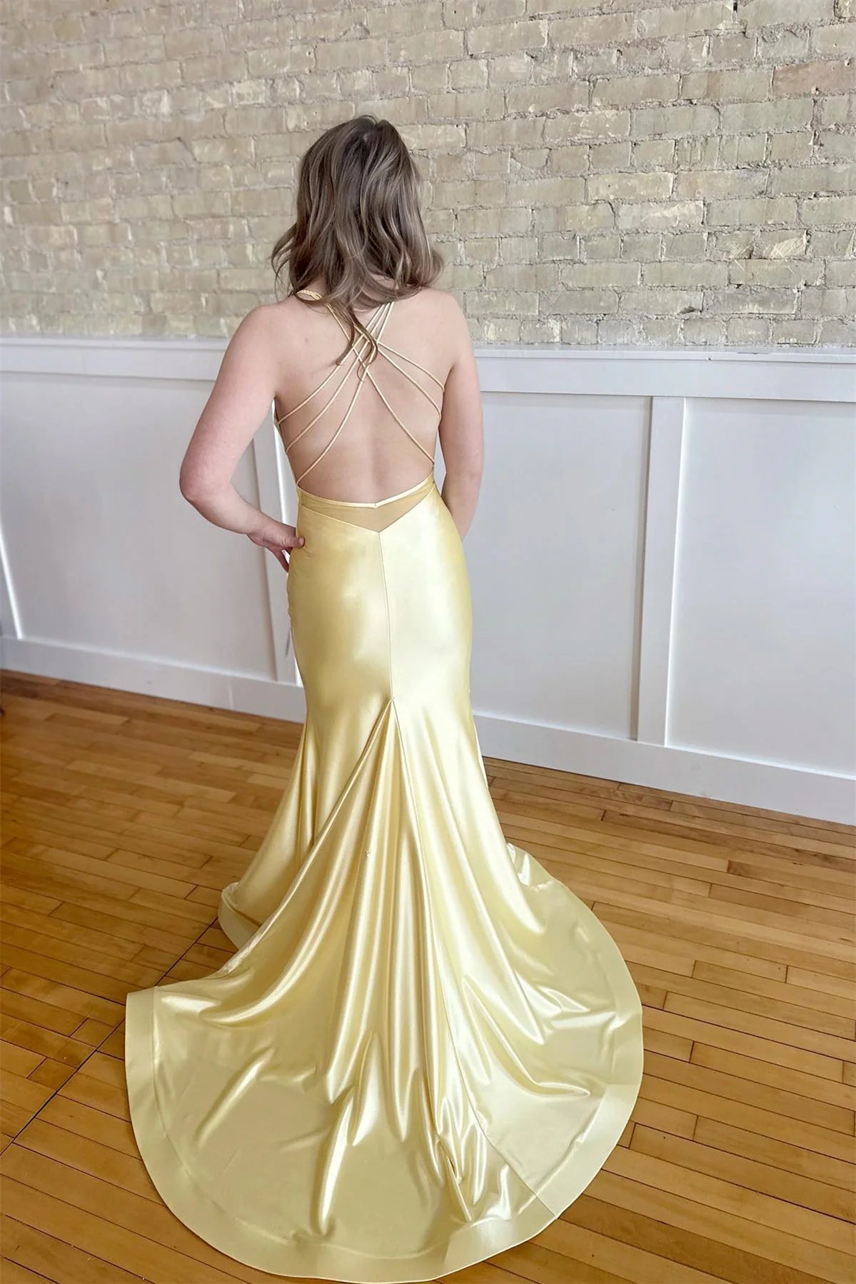 Yellow Mermaid Formal Dress for Wedding Guests Criss-cross Back