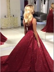 Vestido de baile longo brilhante com decote em V e glitter Borgonha