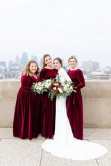 Mermaid Long Sleeves Burgundy Velvet Bridesmaid Dresses Backless