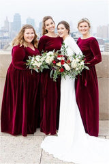 Mermaid Long Sleeves Burgundy Velvet Bridesmaid Dresses Backless