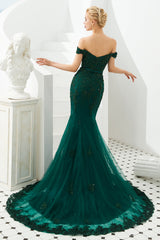 Mermaid Tulle Emerald Green Lace Prom Dress with Beaded