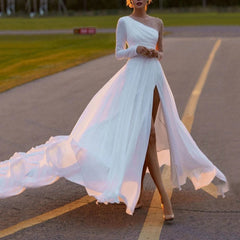 A Line Chiffon Pearls Long Sleeve Beach Wedding Dresses White