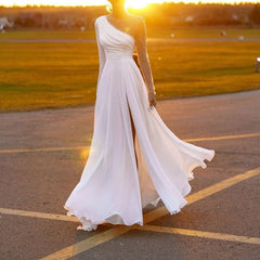 A Line Chiffon Pearls Long Sleeve Beach Wedding Dresses White