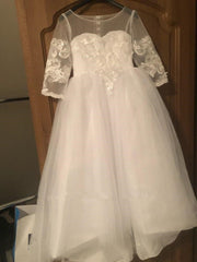 Princess Lace White Flower Girl Dresses Long Sleeves with Bowknot