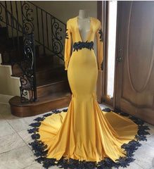 Vestidos de baile amarelos com decote em V profundo vestido de noite com apliques de renda preta