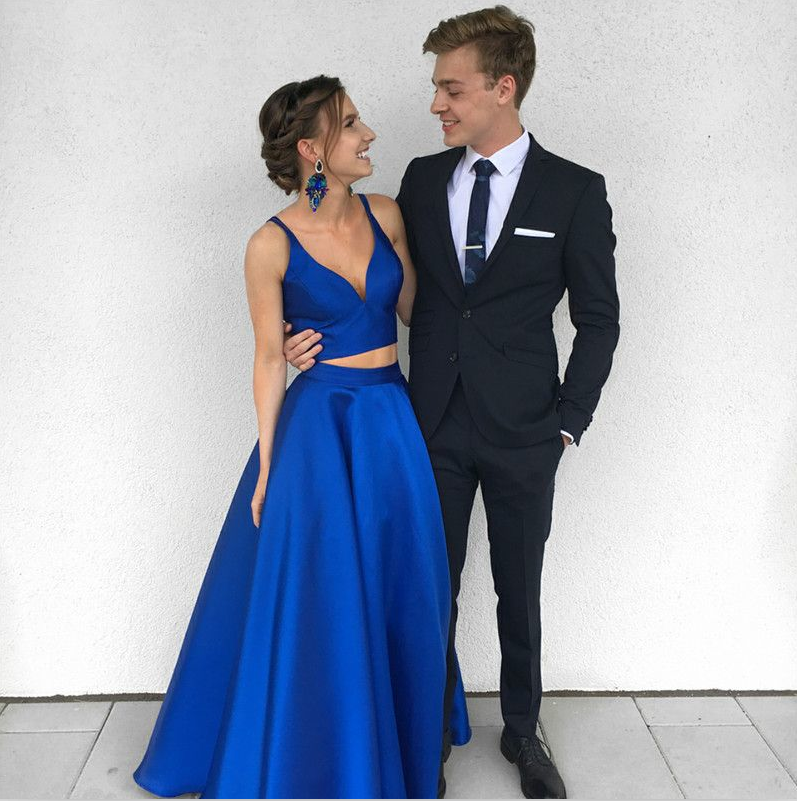 2 Piece royal Blue Prom Dresses satin Evening Dresses MyChicDress