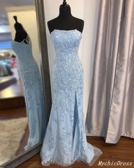 Lace Long Blue Prom Dresses 2025 Strapless Mermaid Evening Gown with Split