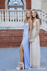 2025 Light Blue Sequins Prom Dresses V Neck Mermaid Formal Dress with slit