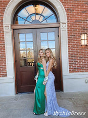 2025 Light Blue Sequins Prom Dresses V Neck Mermaid Formal Dress with slit