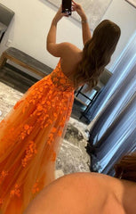 2025 Vestidos de baile de renda laranja Sexy Querida Longo Apliques Vestidos formais