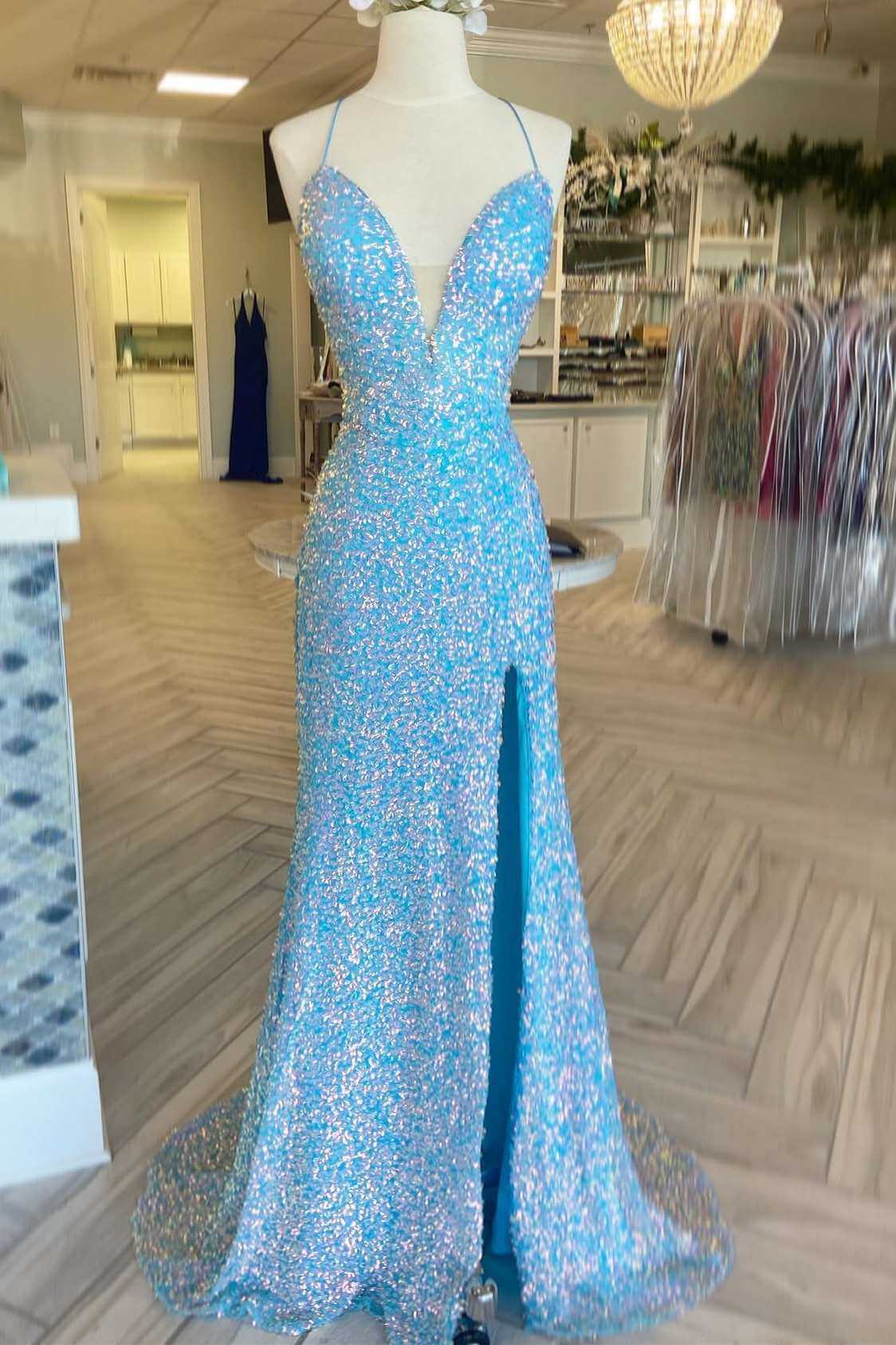 2024 Blue Iridescent Sequin Prom Dresses V Neck Mermaid Graduation Dress Split MyChicDress